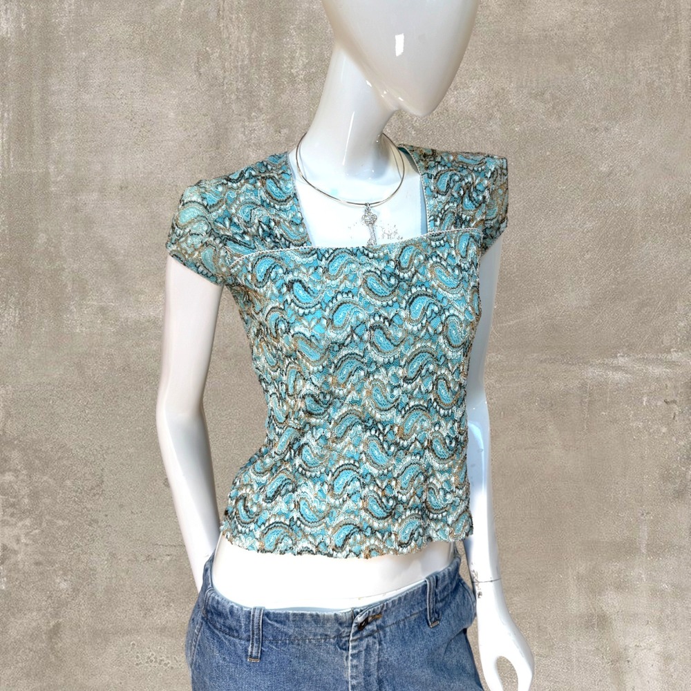 Y2K DressBarn Blue Paisley Mesh Top | Stretch Square Neck Baby Tee S/M